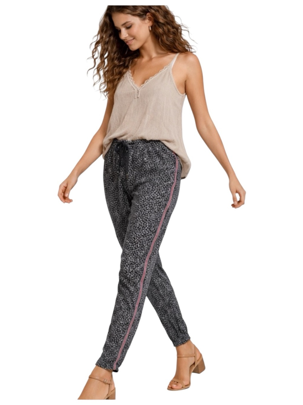 ETT:TWA Anthropologie Floral Jogger Pants Black Cropped Side Stripe Small